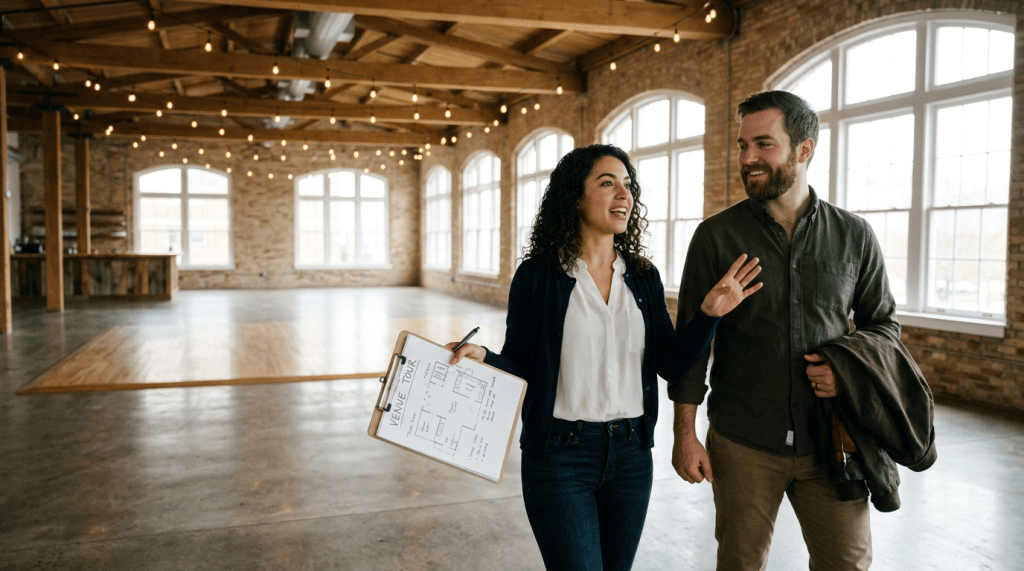 Venue representative showing a VENUE TOUR floor plan to a couple