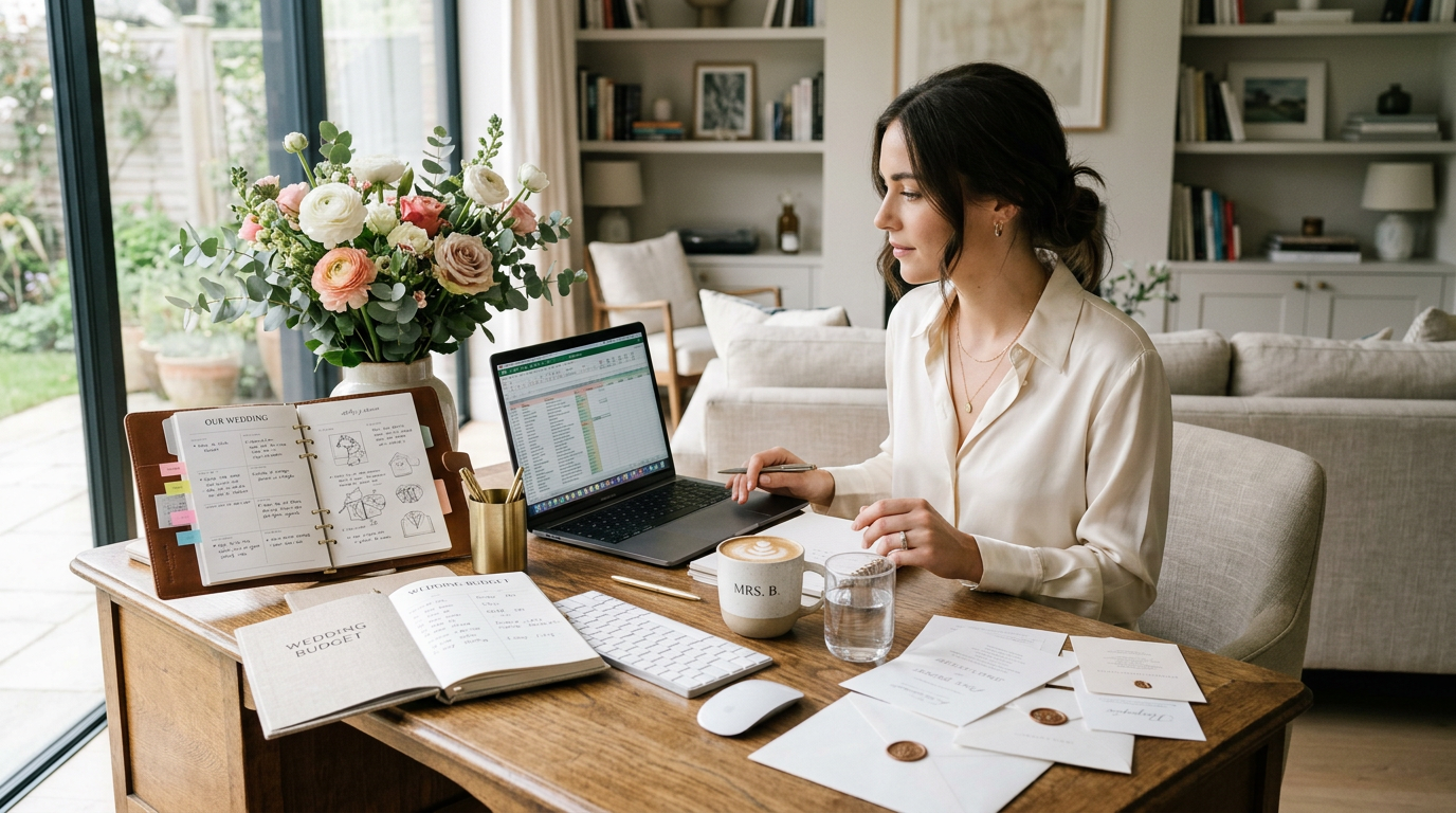 Stylish bride planning her wedding at a desk with laptop